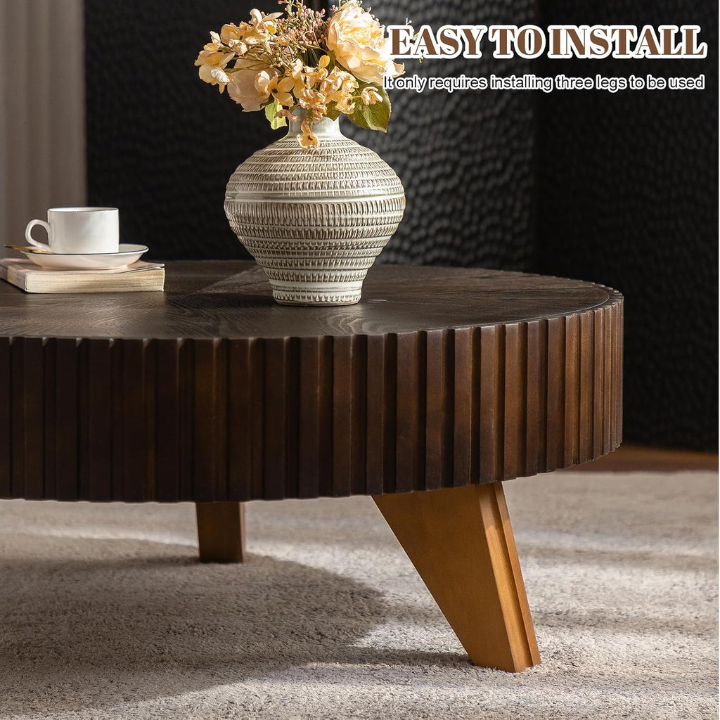 31.5'' Round Coffee Table Wood, Small Circle Coffee Table for Living Room Unique Fluted Center Table Mid Century Modern Tea Table with Solid Wood Veneer and Sturdy 3 Legs, Easy Assembly, Brown