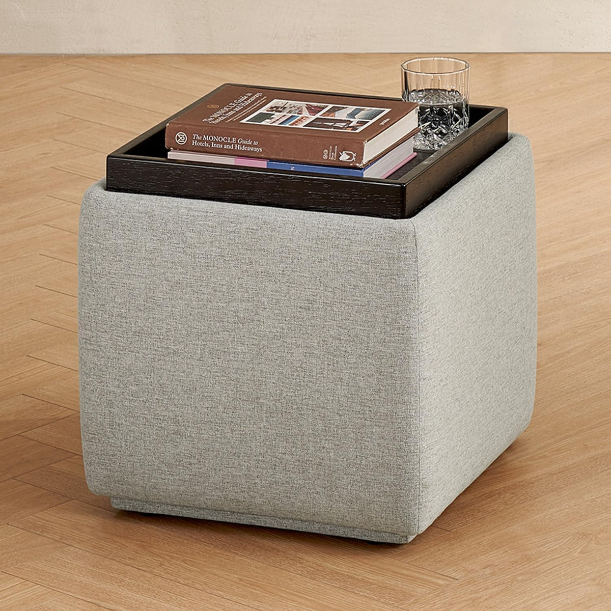 mopio Levi Storage Ottoman with Reversible Tray, Modern Square Chest Coffee Table, Upholstered Cube Sitting Foot Stools Ottoman for Living Room, Bedroom, Entryway (Fabric, Light Gray)