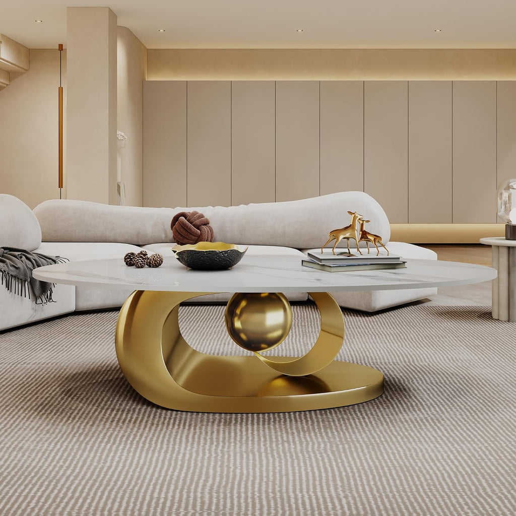 Marble Grain Coffee Table with Gold Stainless Steel Pedestal,Modern Coffee Tables,Oval Living Room Table with Faux Marble Top & Luxury Legs,Sintered Stone Cocktail Center Table,49.20inch