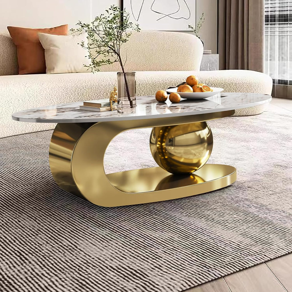 49.2' Oval Stone Coffee Table, Modern Center Tables with Sturdy Metal Base, Faux Marble Coffee Table with Pandora Textured Stone Tabletop, Tables for Living Room, Office, Gold