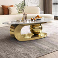 49.2' Oval Stone Coffee Table, Modern Center Tables with Sturdy Metal Base, Faux Marble Coffee Table with Pandora Textured Stone Tabletop, Tables for Living Room, Office, Gold