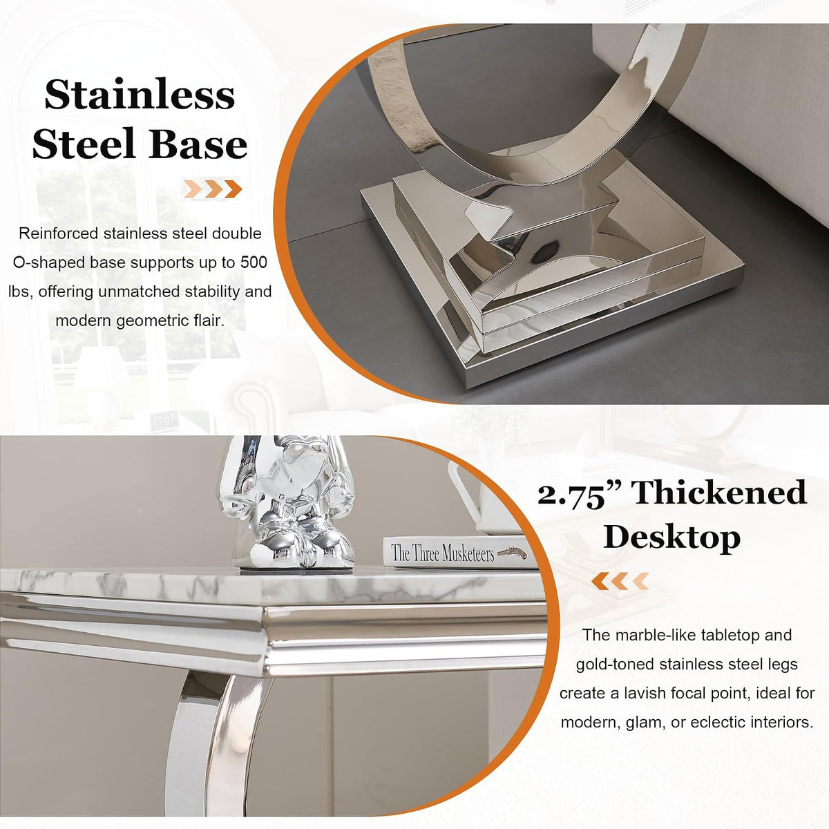Luxury Marble Side Table, Square End Table with Faux Marble Tabletop & Silver Stainless Steel Base, Modern Sofa Table for Living Room, Bedroom, Office