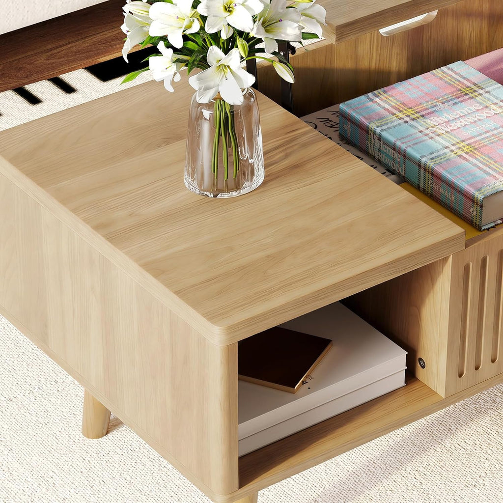 Lift Top Oval Coffee Table with Storage, 2-in-1 Height Adjustable Modern Coffee Table for Small Living Room & Apartment (Oak)