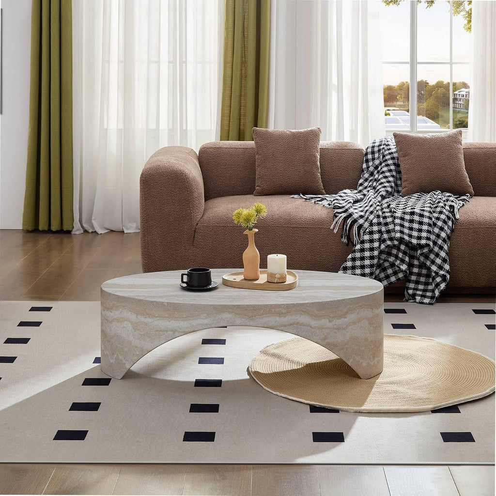 43.31' Oval Fiberglass Coffee Table, Modern Center Table for Living Room, No-Assembly Stone-Look Accent Table, Oval Marble-Inspired Coffee Table, Ivory Travertine Texture