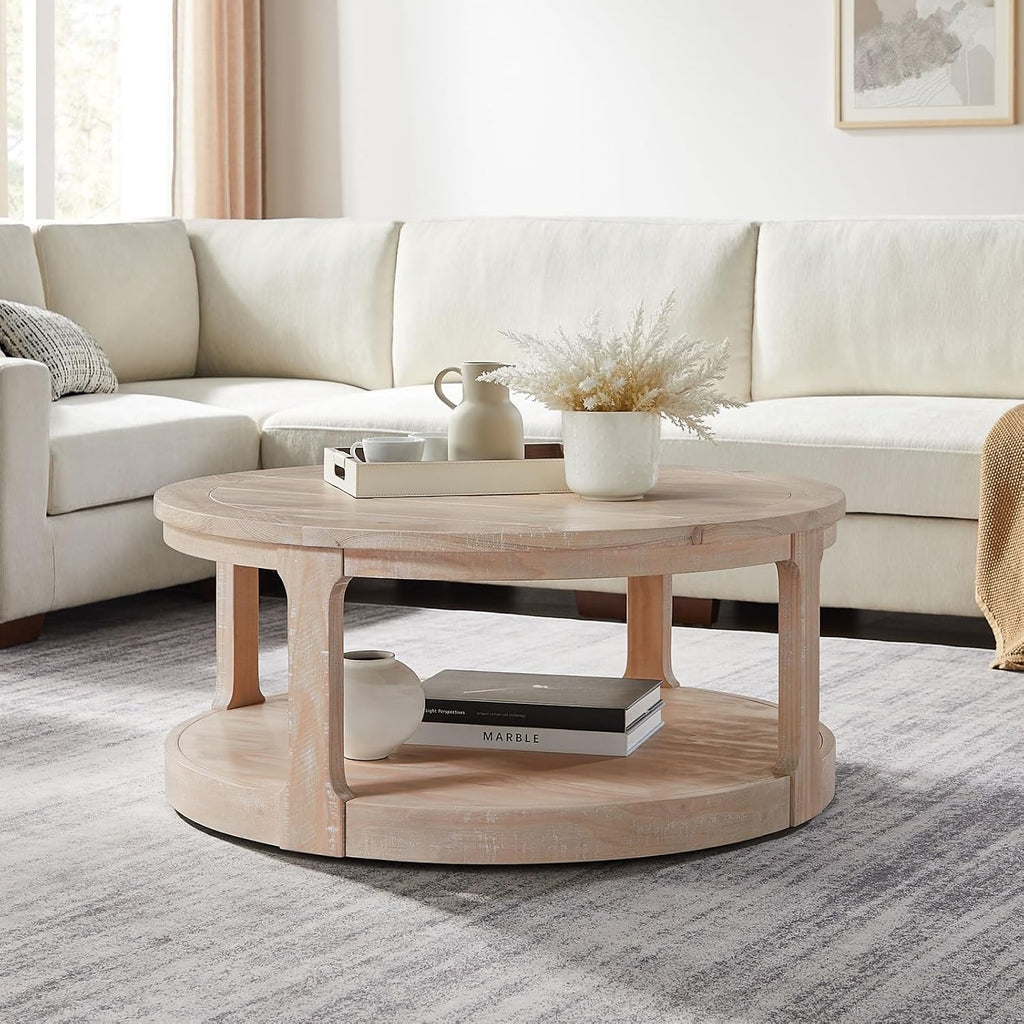 LKTART 40 Inch Round Coffee Tables for Living Room, Wood 2 Tier Circle Coffee Table with Wheels, Mid Century Large Center Table for Office, Apartment,Oak