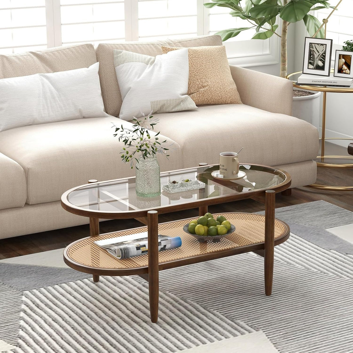 LDAILY Rattan Coffee Table, 2-Tier Mid Century Modern Center Table Oval Design with Tempered Glass Top & PE Rattan Shelf, Solid Acacia Wood Small Coffee Table for Living Room, Office, Brown (Brown)