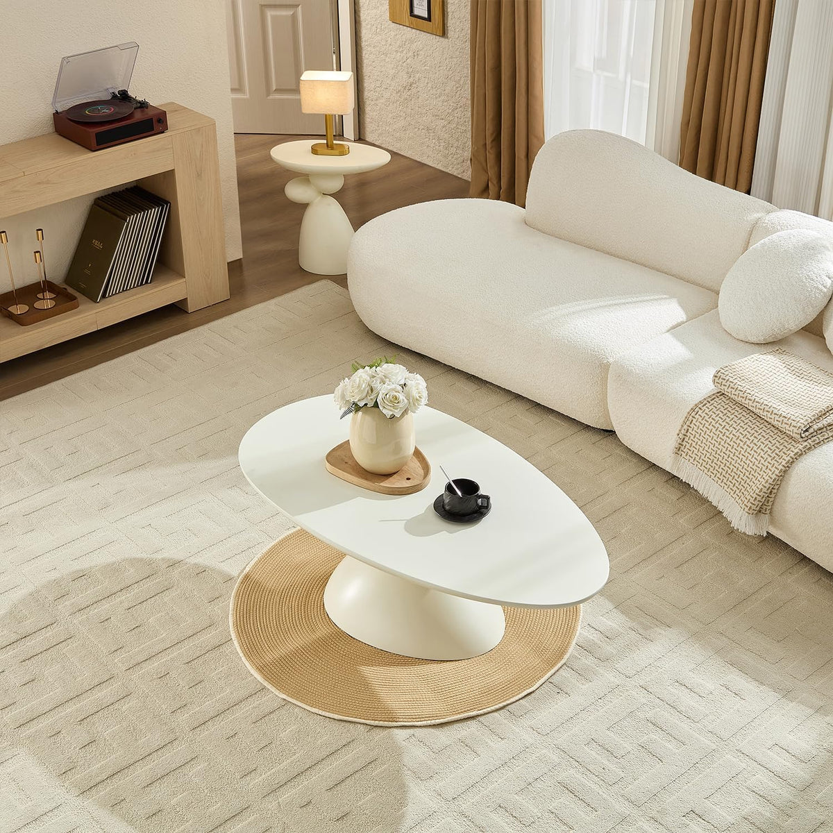 47.24' Mid-Century Modern Oval Coffee Table,Durable Fiberglass Center Table Accent Tea Table for Living Room,Apartment,Small Space,Easy Assembly (Milk White)