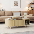 Lift Top Coffee Table, Oval Mid Century Modern Center Table with 3 Hidden Storage, 41' Coffee Tables with Sliding Door and Open Cabinet for Living Room Bedroom Office, Natural Wood