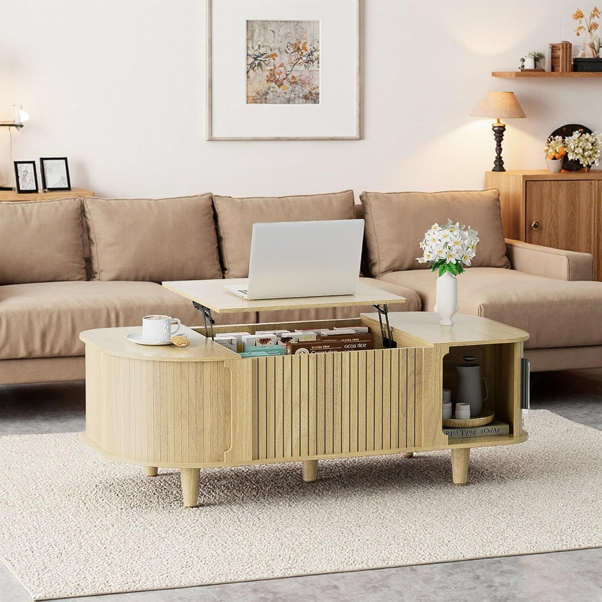 Lift Top Coffee Table, Oval Mid Century Modern Center Table with 3 Hidden Storage, 41' Coffee Tables with Sliding Door and Open Cabinet for Living Room Bedroom Office, Natural Wood