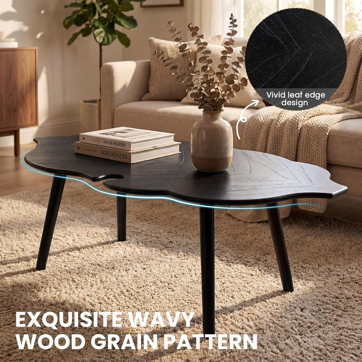 DUOMAY Mid-Century Modern Leaf-Shaped Coffee Table Solid Wood Coffee Table for Living Room Wooden Center Table with Black Finish & Carved Design Contemporary Light Table for Small Space Apartment