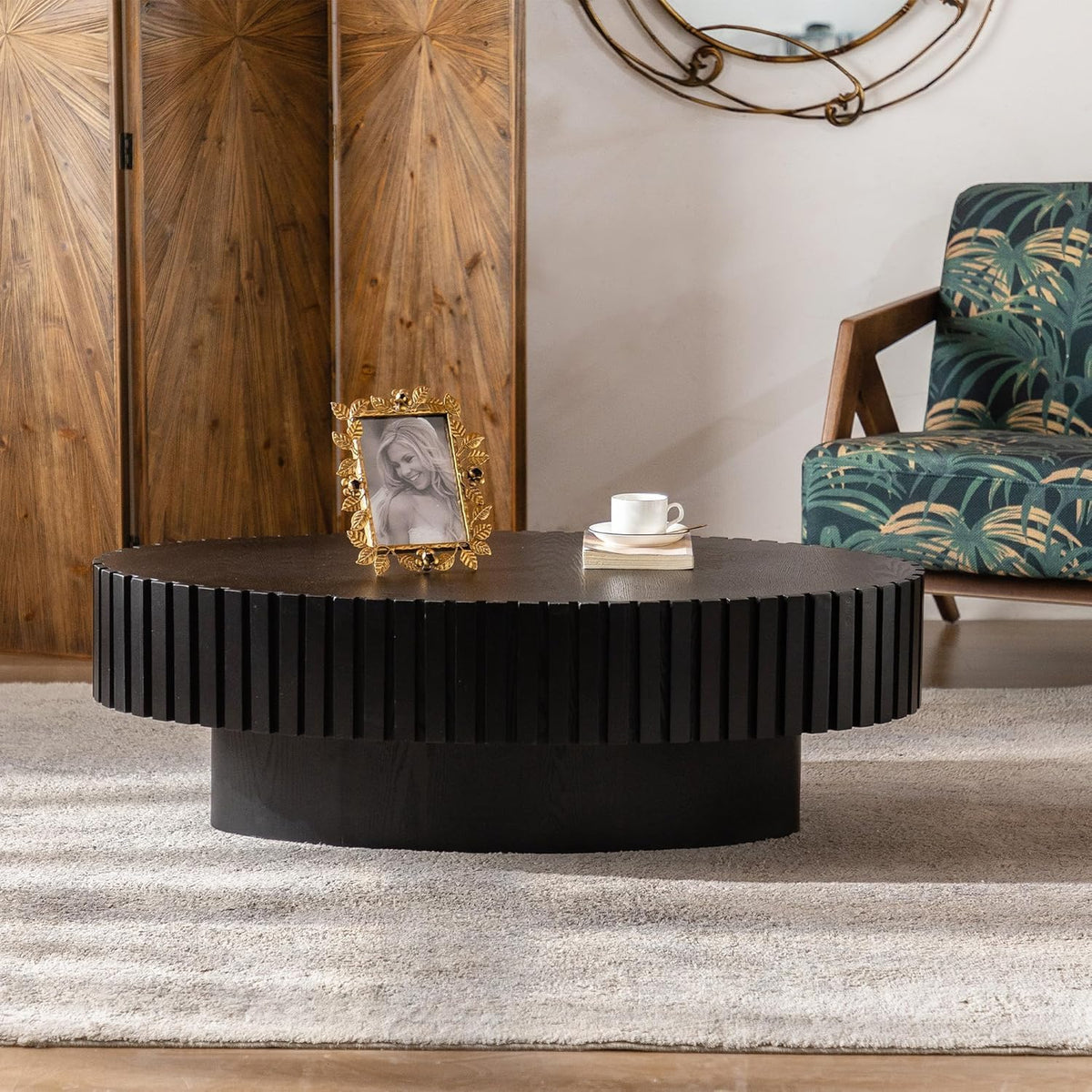 Black Oval Fluted Coffee Table for Living Room with Handcrafted Relief Wood Drum Coffee Table for Office Outdoor (43' Oval Black)