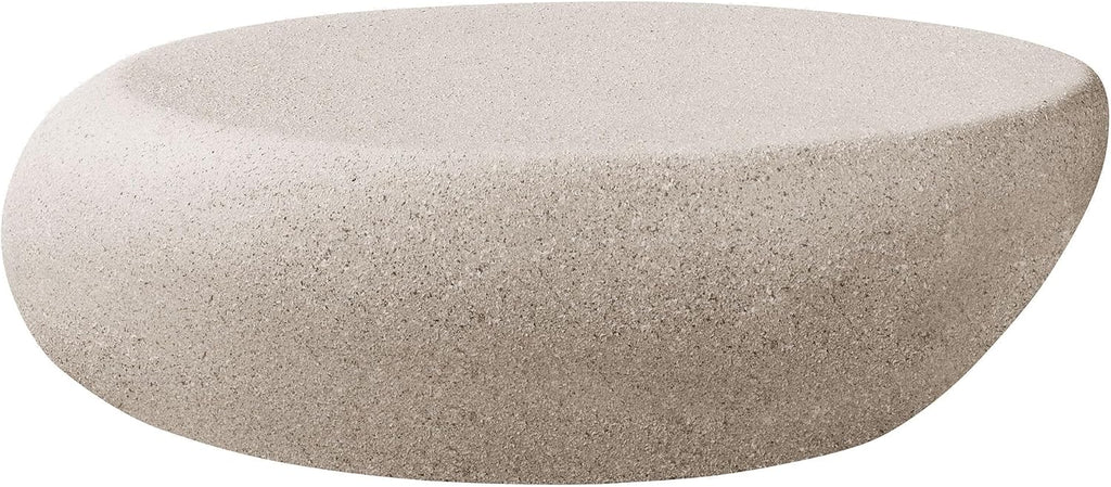 43.31 Modern Faux Stone Coffee Table for Living Room, Contemporary Rustic Style Curved Oval Coffee Table, Fiberglass Material & Grainy Stone Paint, No Assembly, Cream White