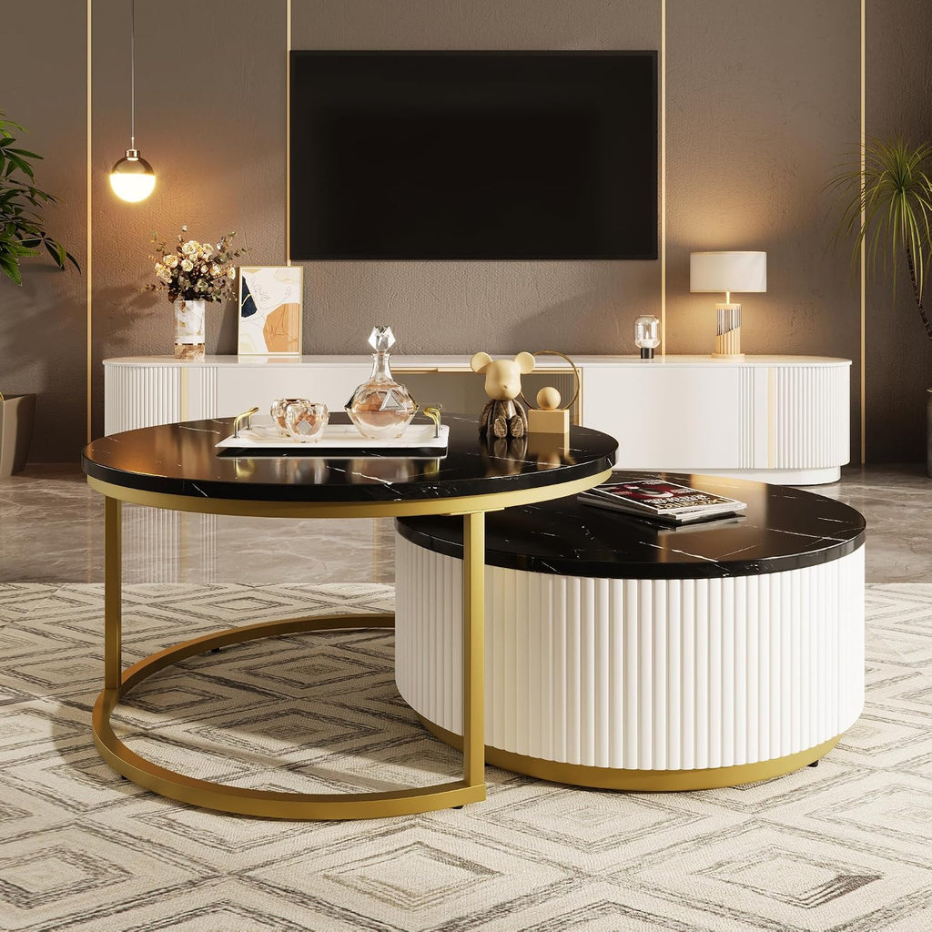 31.5' Black Round Nesting Coffee Table, Modern Coffee Table for Living Room with Storage Drawer Marble Tabletop End Side Table for Bedroom Dining Room
