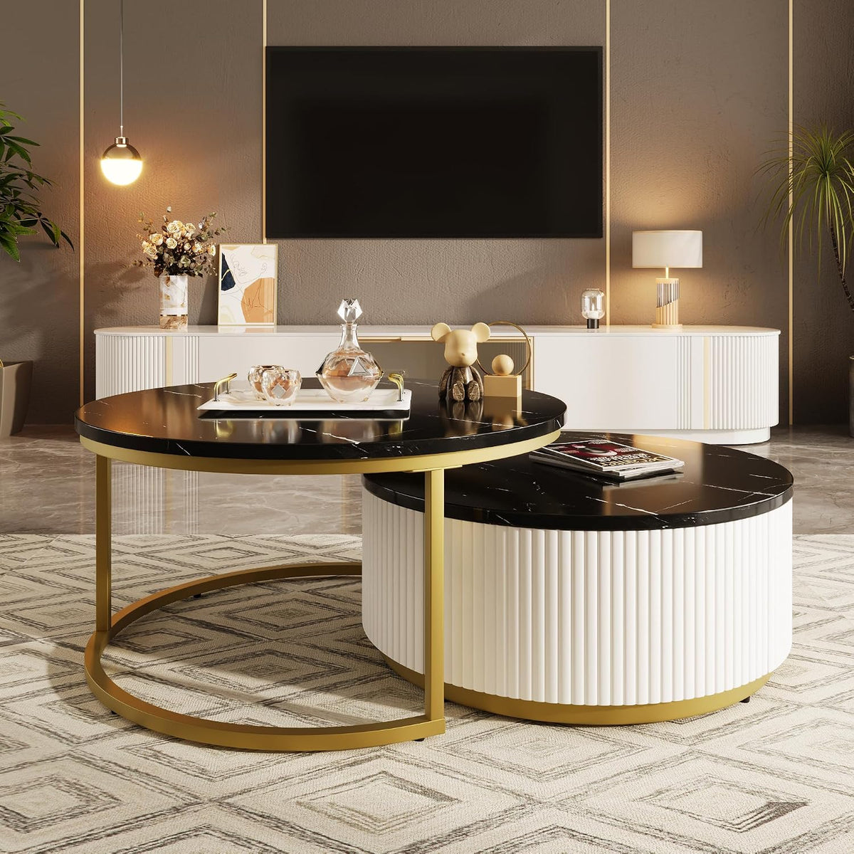 31.5' Black Round Nesting Coffee Table, Modern Coffee Table for Living Room with Storage Drawer Marble Tabletop End Side Table for Bedroom Dining Room