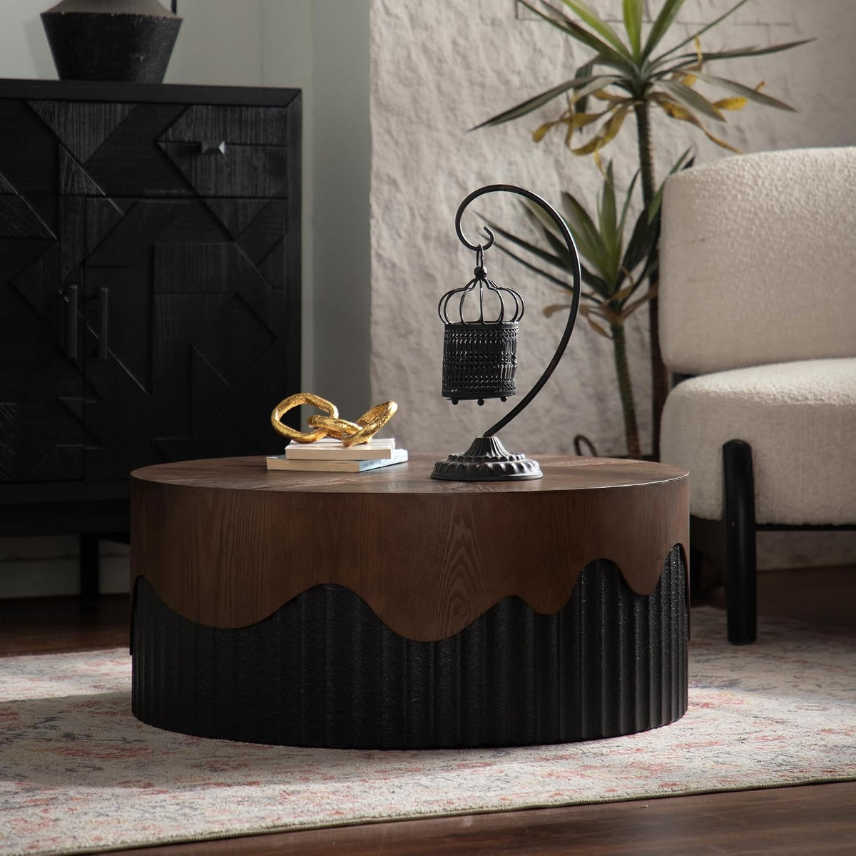 Round Coffee Table Wood Circle Modern Coffee Tables for Living Room Contemporary Fluted Center Wooden Drum Furniture Solid Wood for Apartment, Small Space No Need Assembly Ø 30.31',Walnut Brown