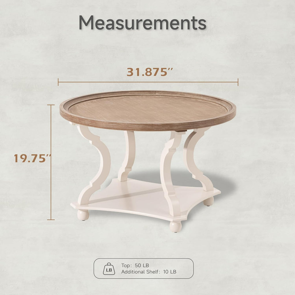Round Farmhouse Coffee Table with Handmade Finish, Wood Tray Top Rustic Coffee Table for Added Thickness, Accent Table with Storage for Living Room, Small Place, White, Circle