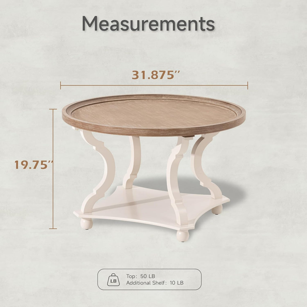 Round Farmhouse Coffee Table with Handmade Finish, Wood Tray Top Rustic Coffee Table for Added Thickness, Accent Table with Storage for Living Room, Small Place, White, Circle