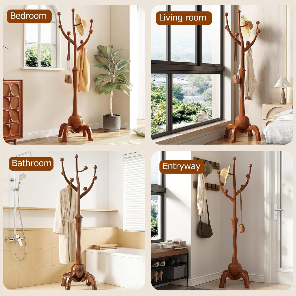 Wood Freestanding Coat Rack with 8 Hooks Wooden Hat Coat Tree Standing Clothes Hanger with Sturdy Sphere Base and Tree Branch Hooks 160lb Load Capacity for Entryway Hallway Bedroom, Walnut