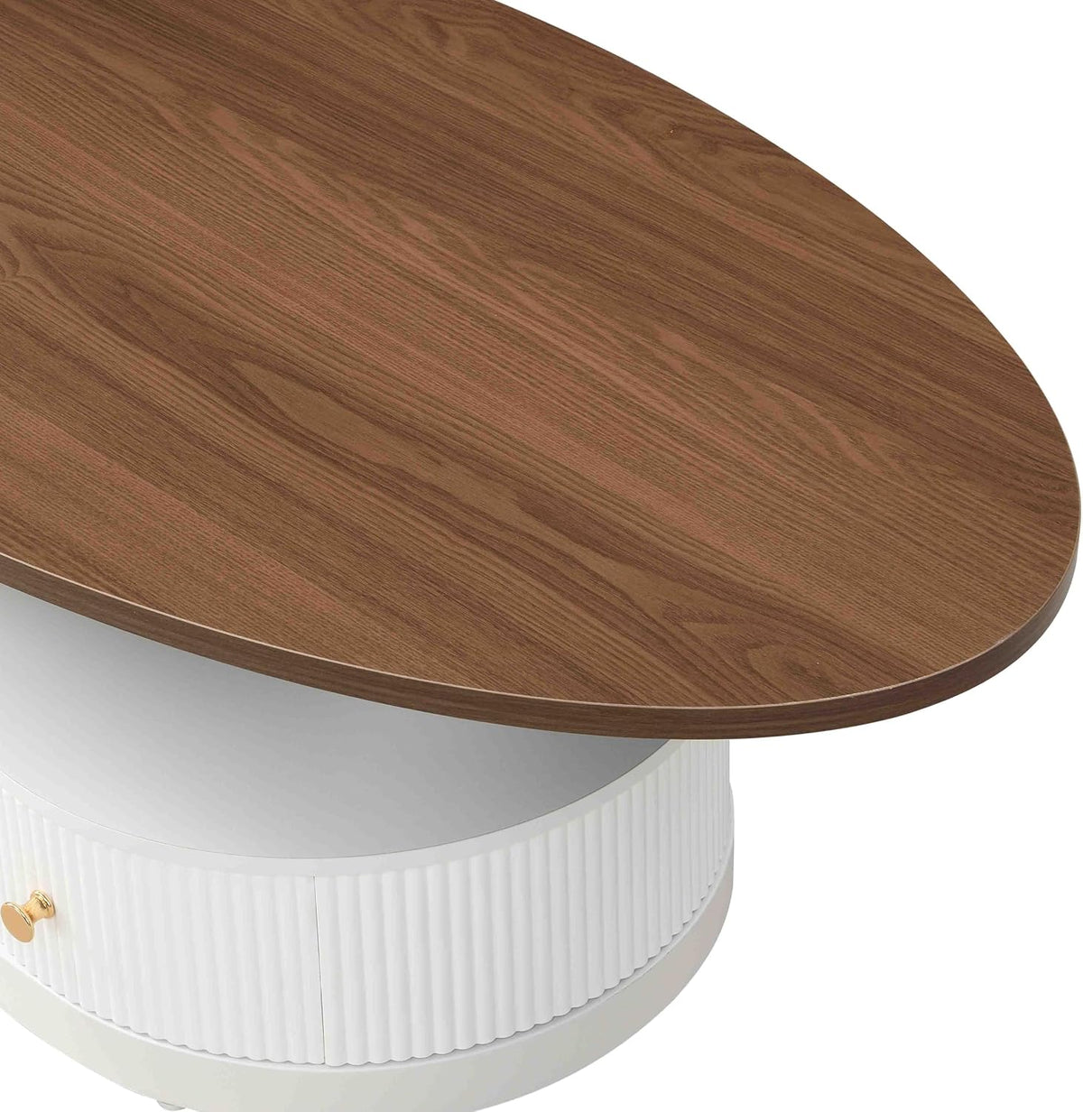 Modern Nesting Coffee Table Set of 2, 2-Piece Oval Decorative Living Room Table Set with Brown Wooden Top and White Metal Base and 1 Drawer, Oval Coffee Table and Round End Table Set