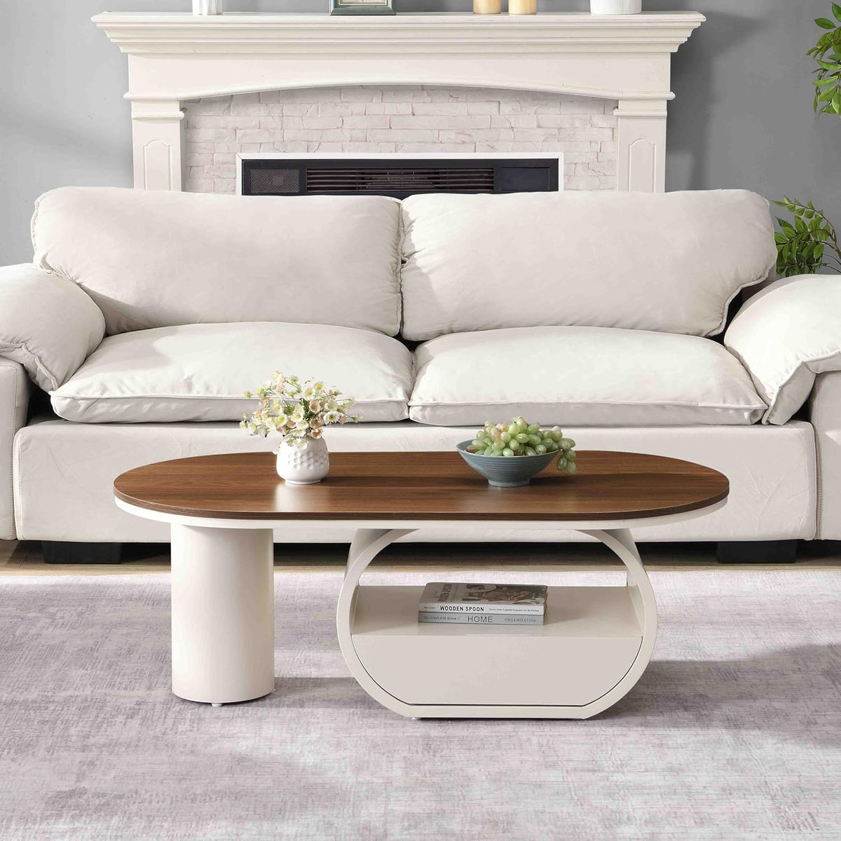SSLine Modern Oval Coffee Table with Unique Pedestal Base Modern Walnut Top Coffee Table with Storage Drawer for Living Room Bedroom