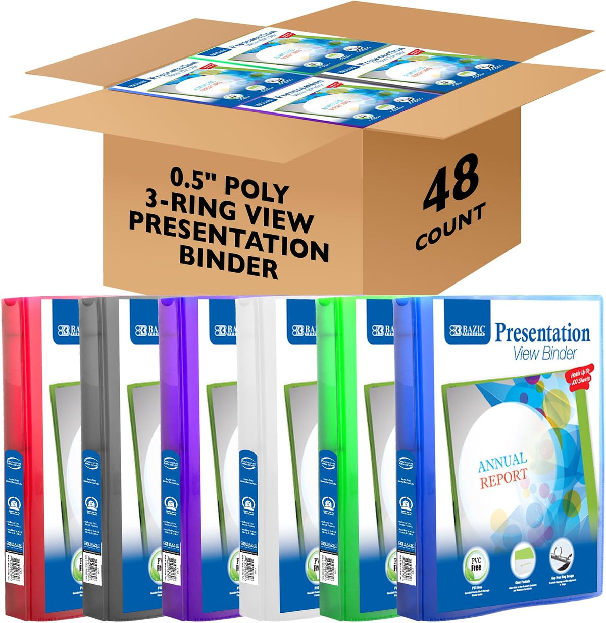 BAZIC Products 3 Ring Binder - Assorted Color, Economy View Binder with Clear Overlay Cover and Round Rings, Organizer for School Office Home Use, 0.5 inch Capacity Holds 100 Sheets Paper, 48-Pack