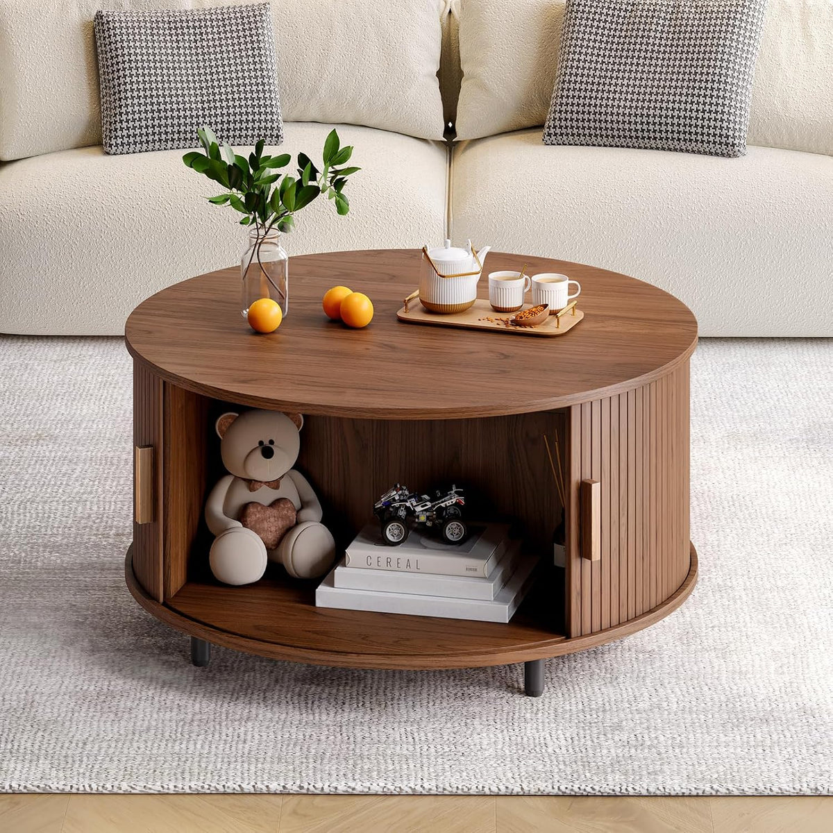 ONBRILL Round Coffee Table with Storage, 31.5' Modern Coffee Table with 360° Curved Sliding Door, Fluted Wood Accent Coffee Table with Adjustable Footpads, Round Center Table for Living Room, Walnut