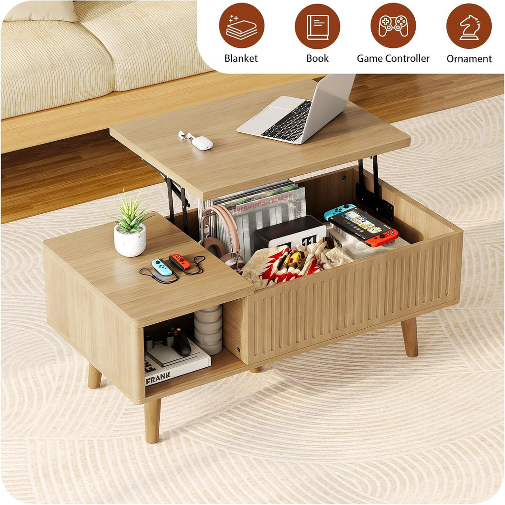 Lift Top Oval Coffee Table with Storage, 2-in-1 Height Adjustable Modern Coffee Table for Small Living Room & Apartment (Oak)