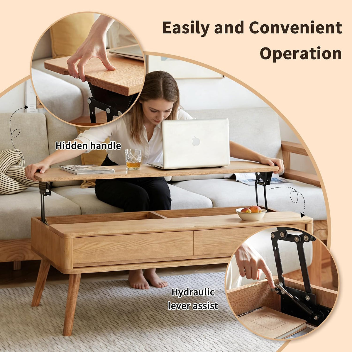 47.24' Lift Top Solid Wood Coffee Table with Storage Drawers & Hidden Compartment, Natural Wood Coffee Table for Living Room, Large Pop-Up Center Table for Home Office, Easy Assembly