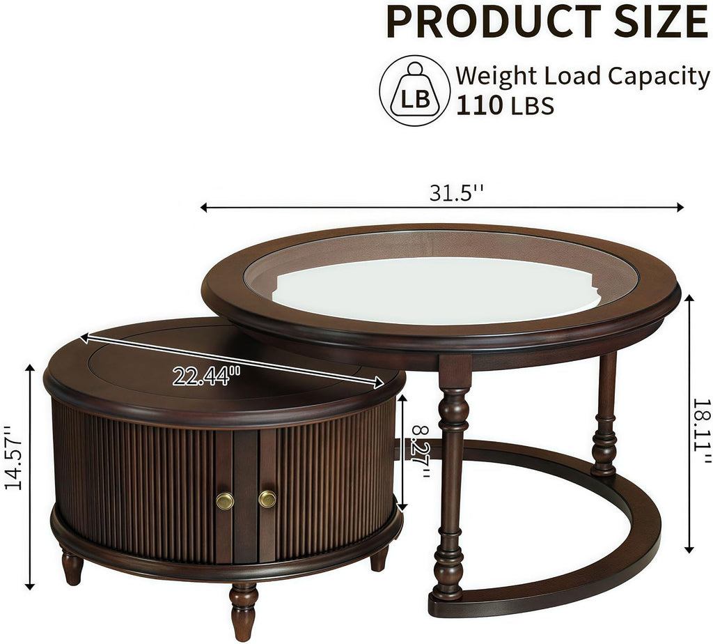 31.5' Nesting Coffee Table Set of 2, Modern Round Center End Side Table for Living Room with Storage Drawer, Dark Brown