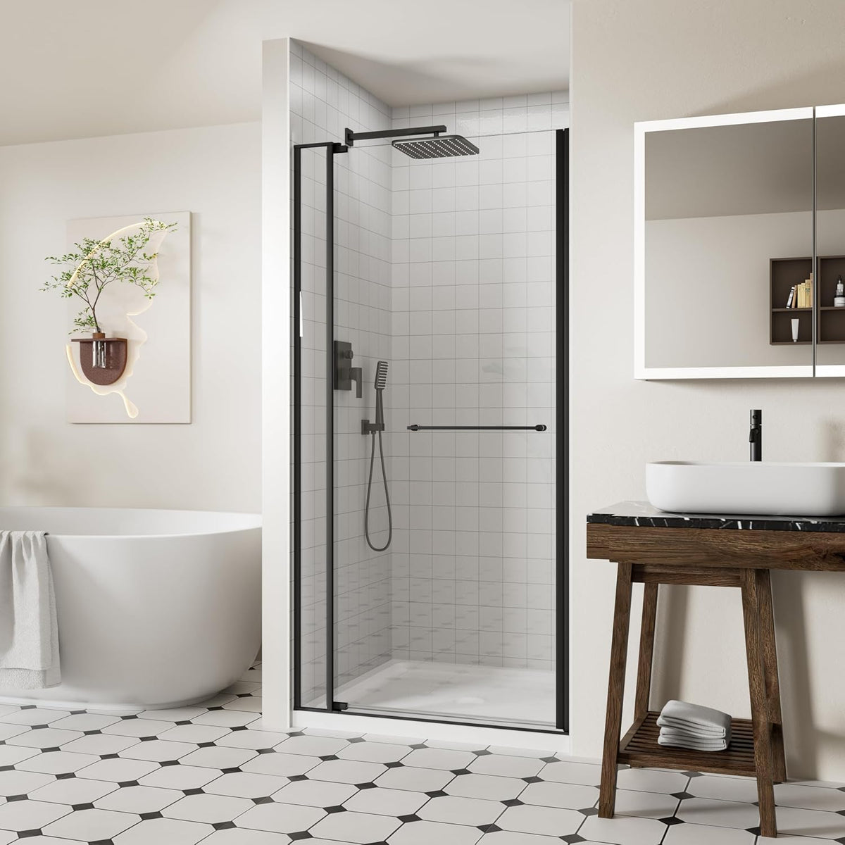 ACE DECOR 32-36' W x 72' H Frameless Pivot Shower Door, Pivot Swing Shower Glass Door with 1/4' (6mm) and 5/16' (8mm) Tempered Glass, Easy-Clean Coating, Matte Black Finish, Reversible Installation