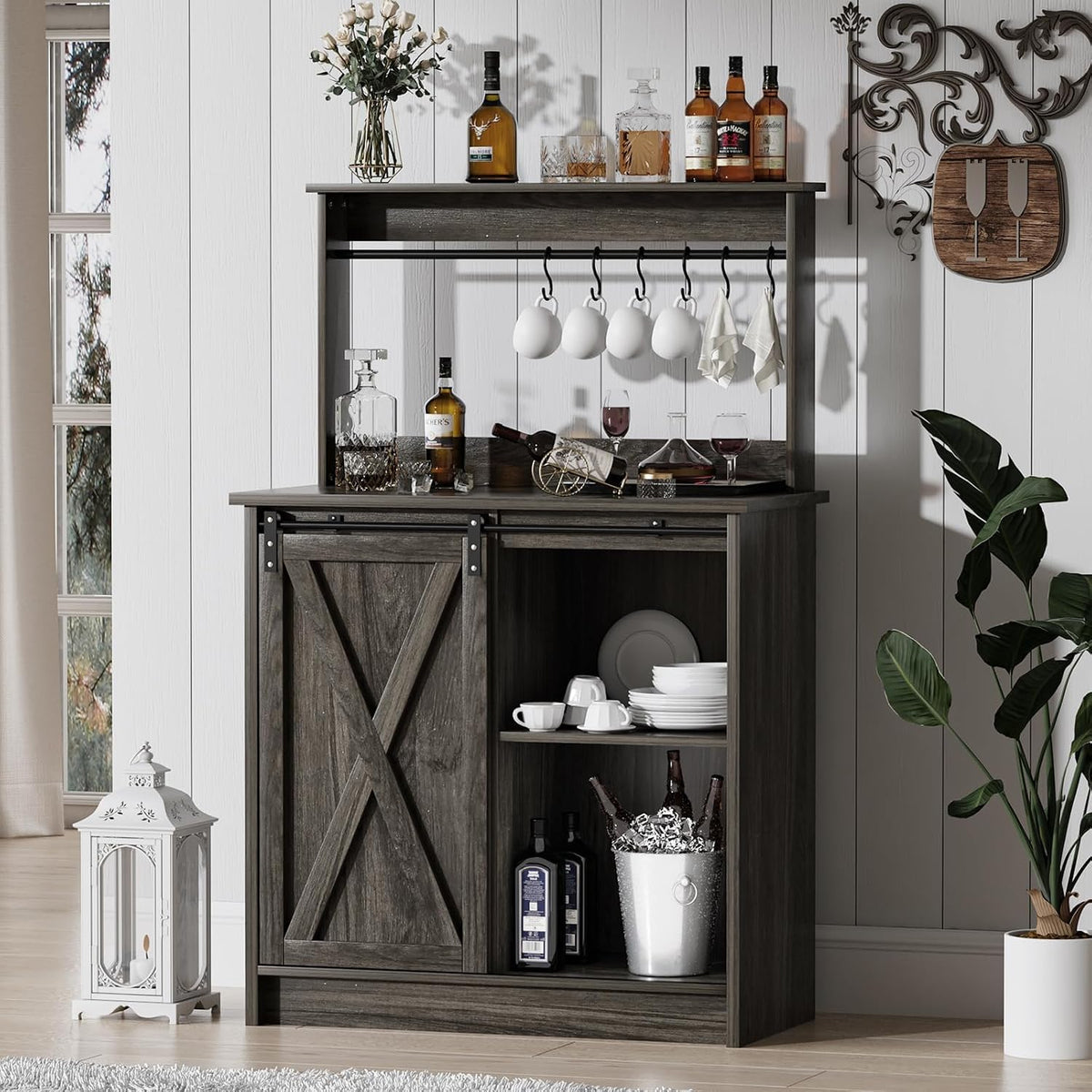 4ever2buy Farmhouse Coffee Bar with Hutch, 31 Inch Buffet Cabinet with Sliding Barn Door, Storage Bar Cabinet with 6 Hooks, Coffee Bar Table with Adjustable Shelves for Living Dining Room, Grey