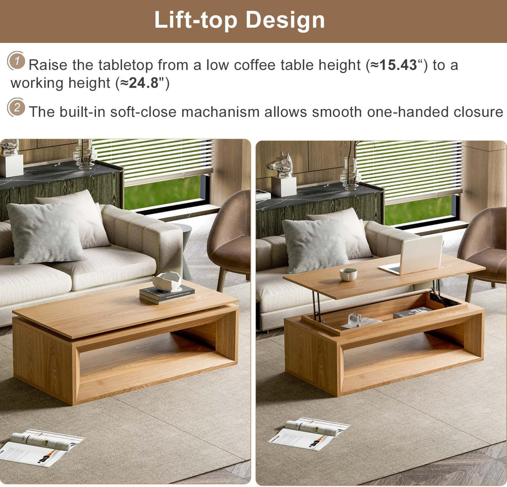 43.3'' Rectangle Lift Top Coffee Table with Storage & Adjustable Height, Mid Century Modern Center Table Accent Tea Table or Living Room Apartment Office, Natural