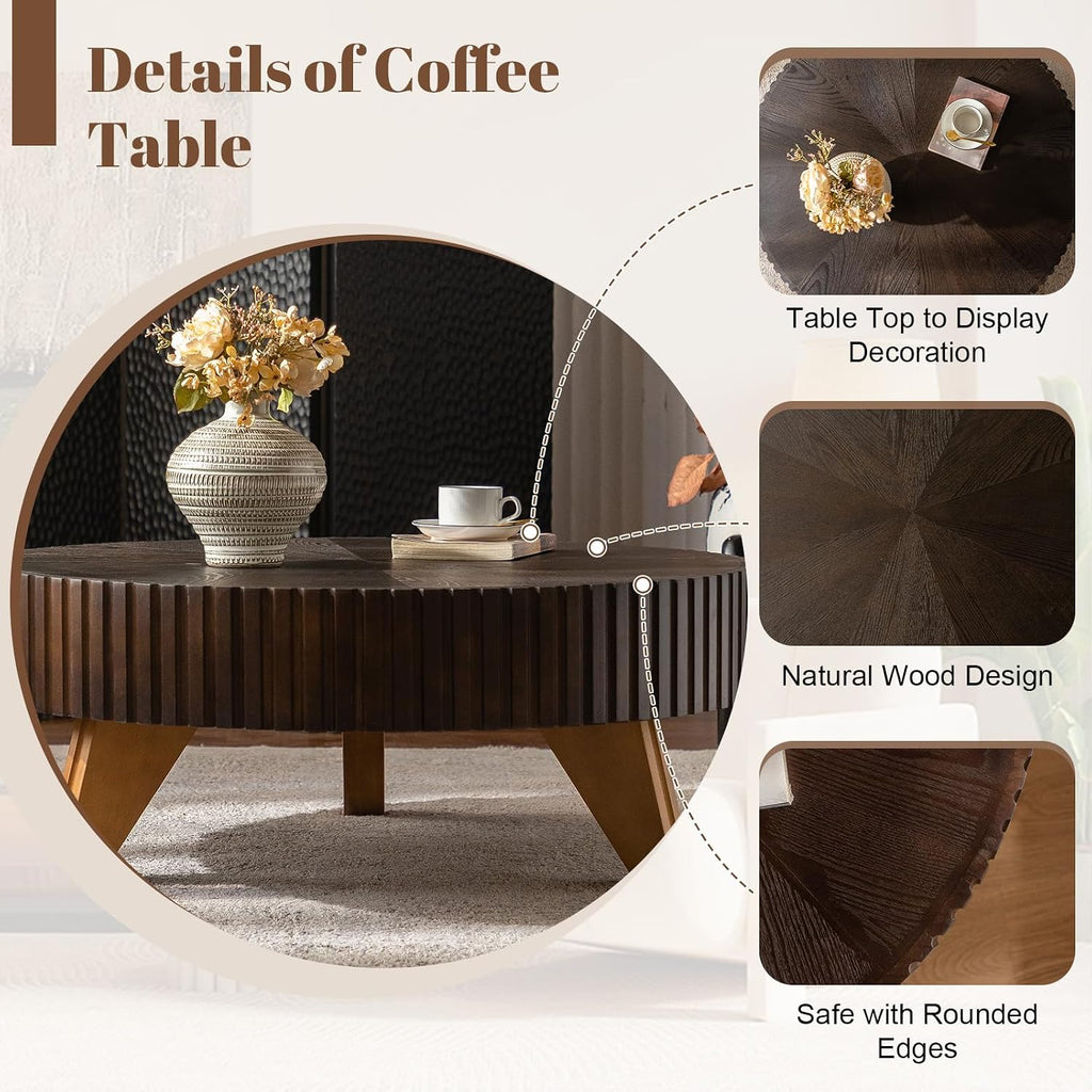 35.4'' Round Coffee Table Wood, Modern Fluted Circle Coffee Table for Living Room, Unique Rustic Farmhouse Center Tea Table with Solid Wood Veneer and Sturdy 3 Legs, Easy Assembly, Brown