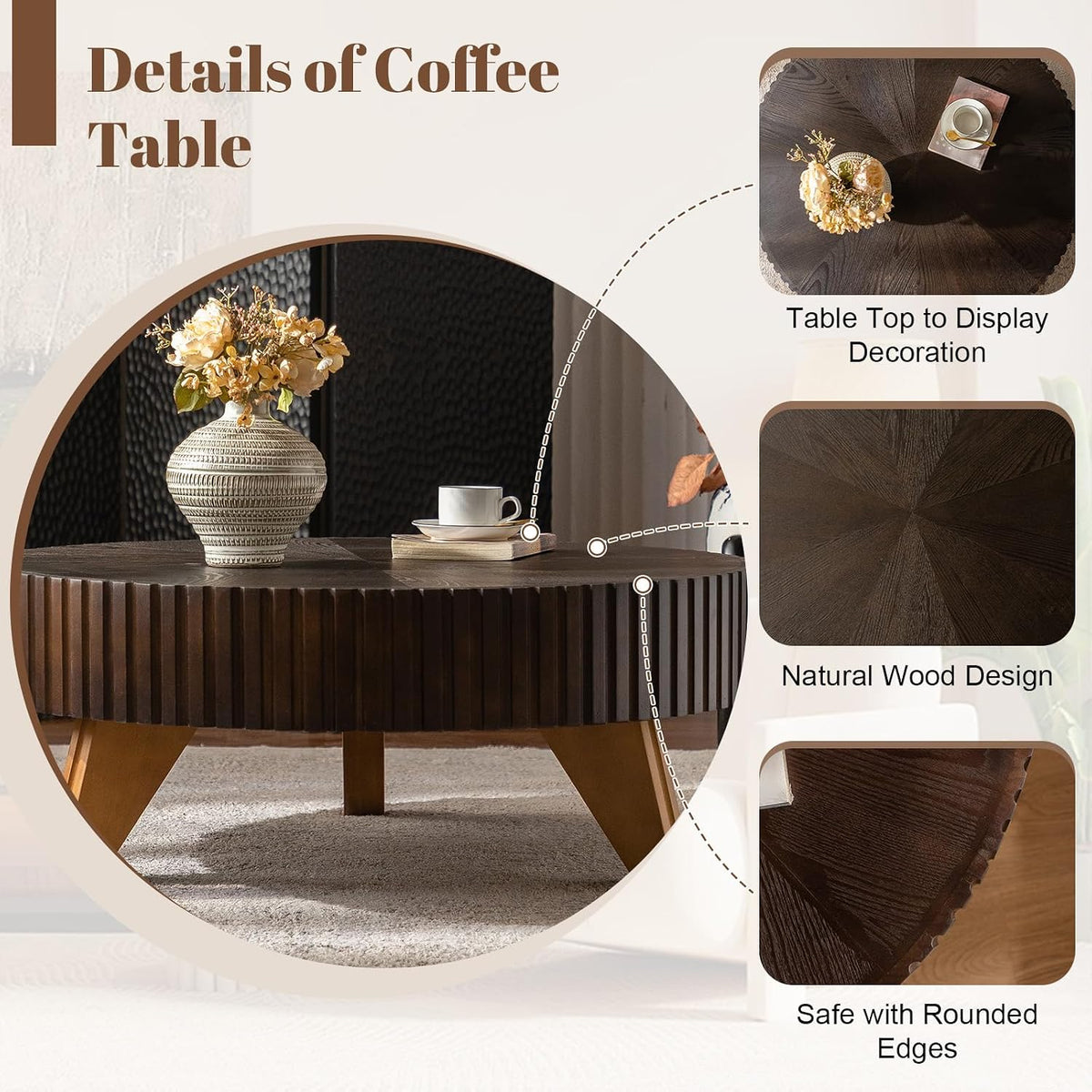 35.4'' Round Coffee Table Wood, Modern Fluted Circle Coffee Table for Living Room, Unique Rustic Farmhouse Center Tea Table with Solid Wood Veneer and Sturdy 3 Legs, Easy Assembly, Brown