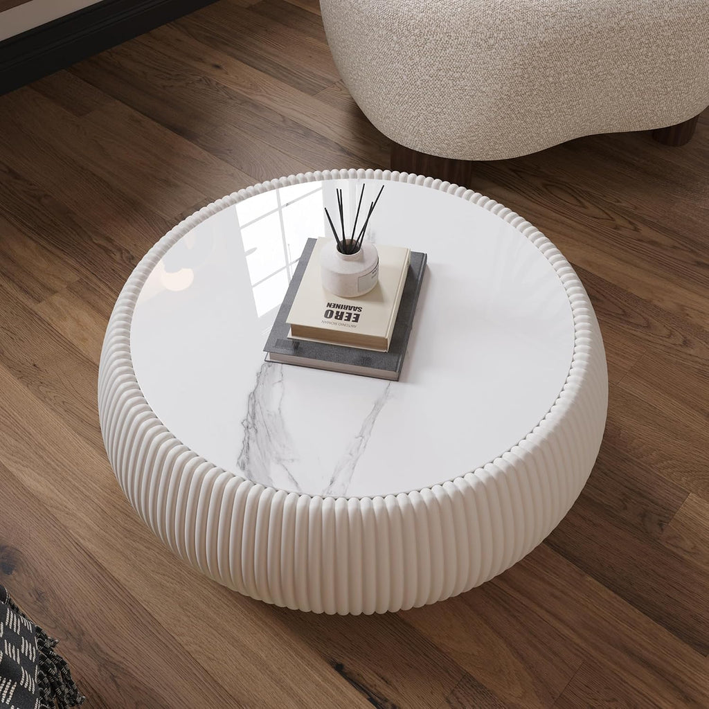 27.55' Round Coffee Table with Marble Top, Luxury Sintered Stone Coffee Table PU Leather Drum Center Tables Circle Cocktail Tea Table for Living Room Apartment No Assembly Cream White