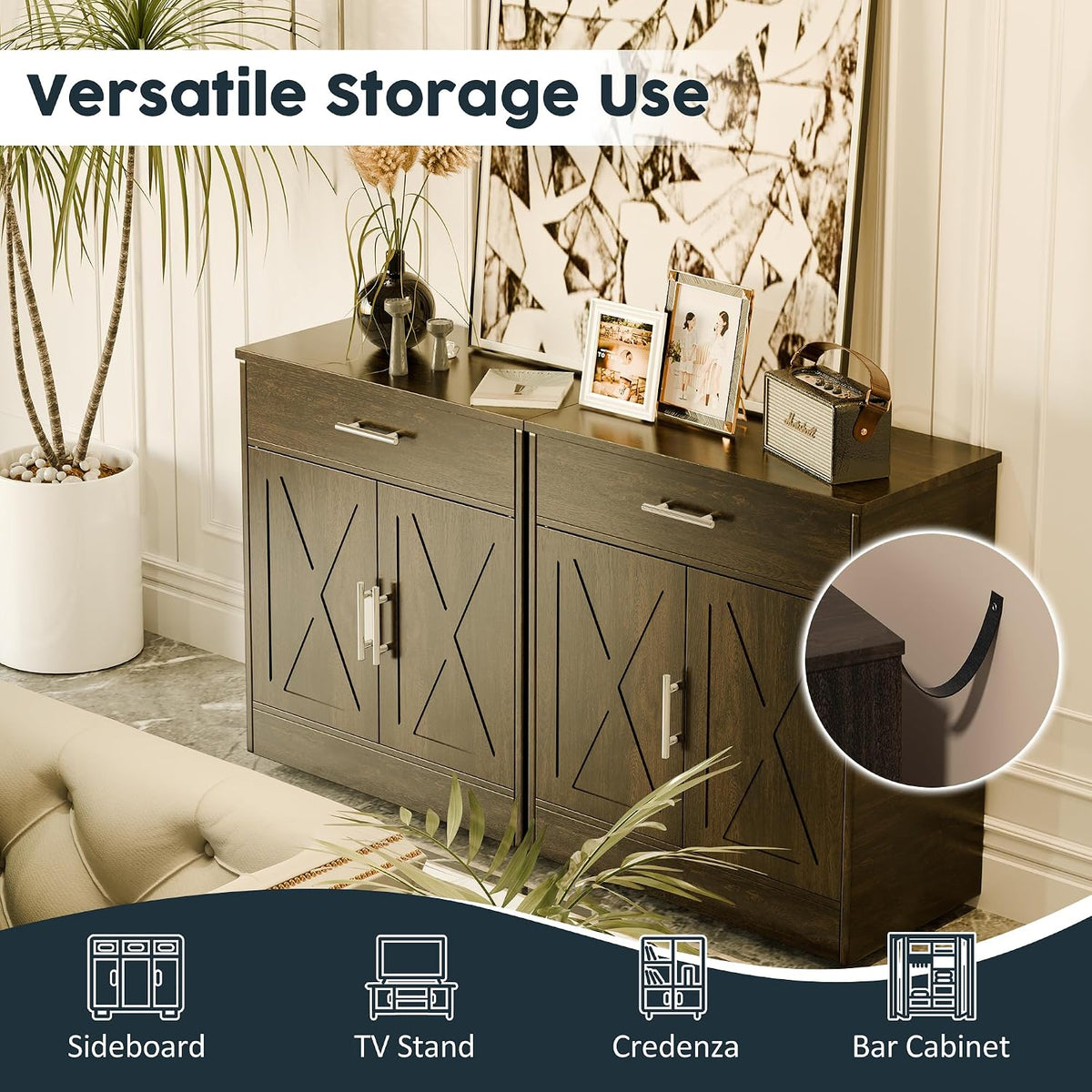 SUNLEI Kitchen Buffet Sideboard Cabinet, Wooden Storage Cabinet with 2 Doors and 1 Drawers, Adjustable Shelf, Modern Farmhouse Coffee Bar Cabinet with Storage for Kitchen, Rustic Brown