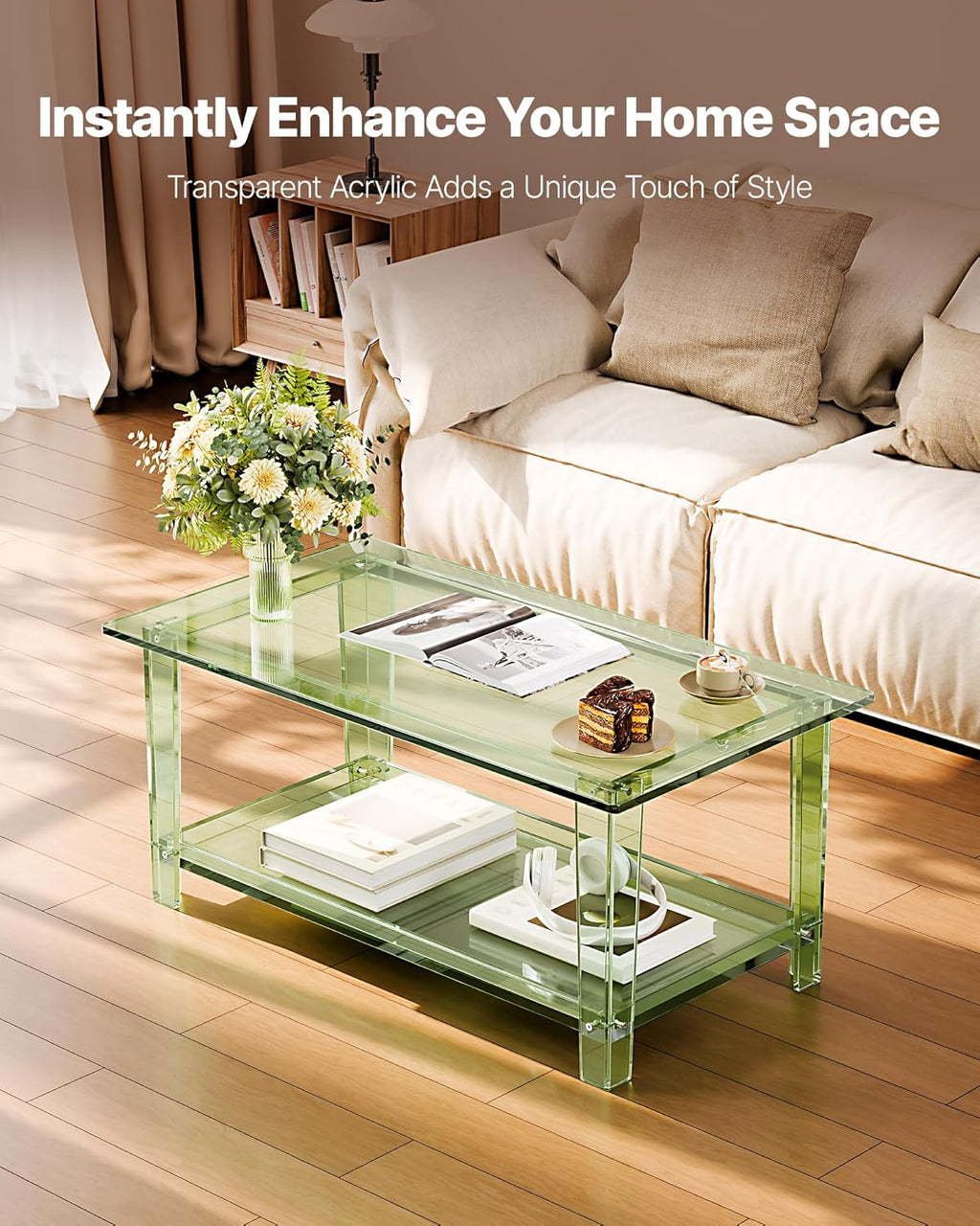 VEVOR Acrylic Coffee Table, 2-Tiers Center Table with Open Storage Shelf, Modern Rectangle Acrylic Coffe Desk for Living Room, Dining Room, Kitchen Island, Office, 31.5' W x 19.7' D x 15.7' H, Green