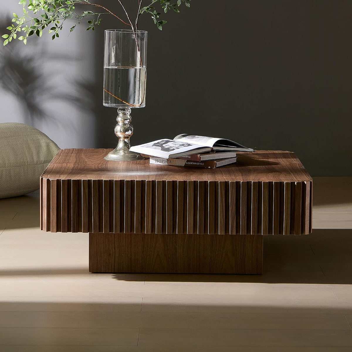 35.43' Modern Handcraft Square Drum Coffee Table for Living Room,Small Wooden Coffee Table with Sturdy MDF Pedesta, Walnut Color