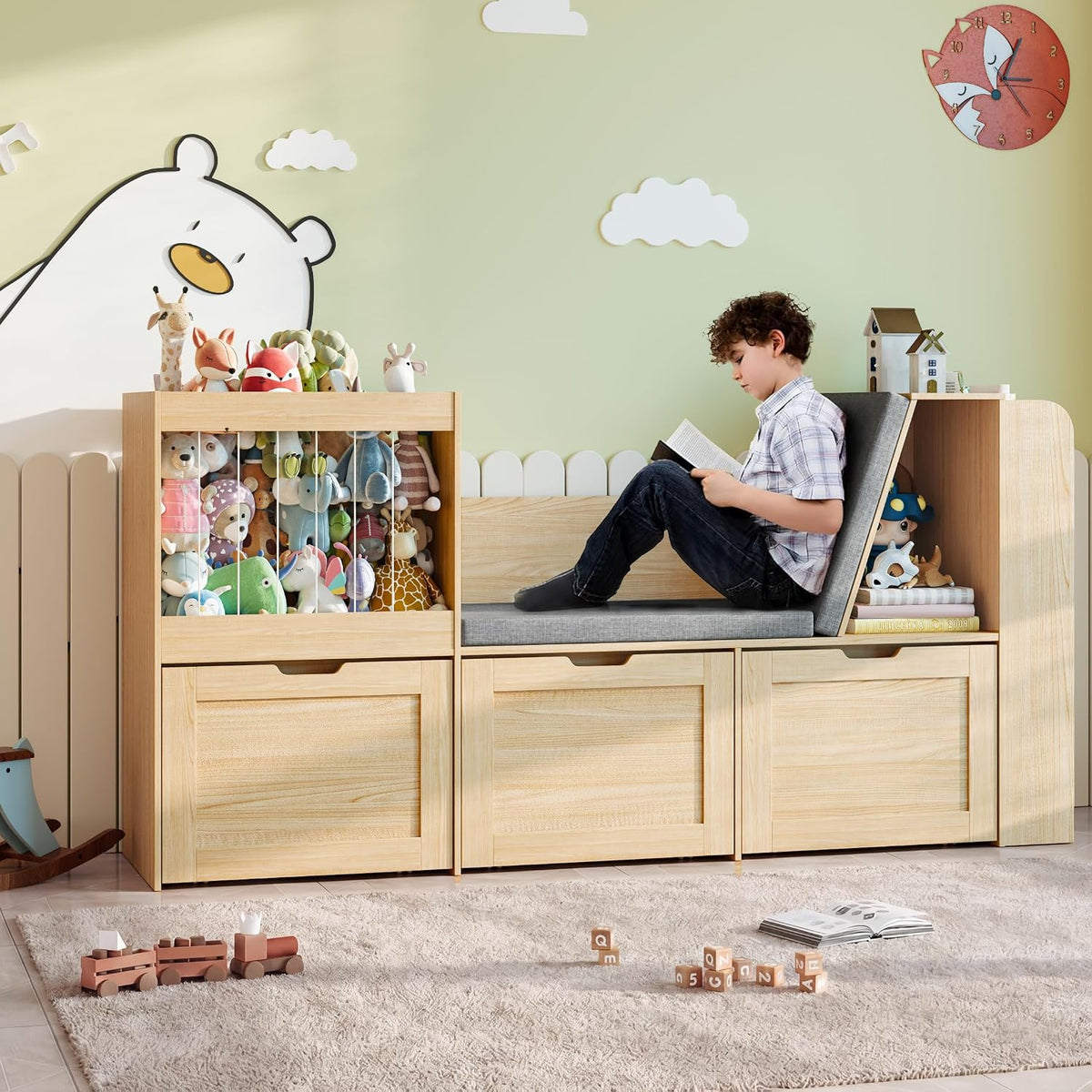 66.9' Kids Reading Nook, Toy Storage Organizer with Stuffed Animal Storage, Bench and Removable Cushions, Wooden Toddler Bookshelf with 3 Movable Drawers for Nursery, Playroom (Oak)