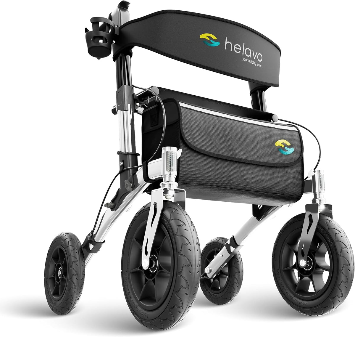 Helavo All Terrain Walker with Puncture-Proof, Flat-Free Solid Rubber Tires, 12' Wheels - Foldable Outdoor Walker for Seniors with Seat, Ergonomic Handles and Extra Padded Backrest