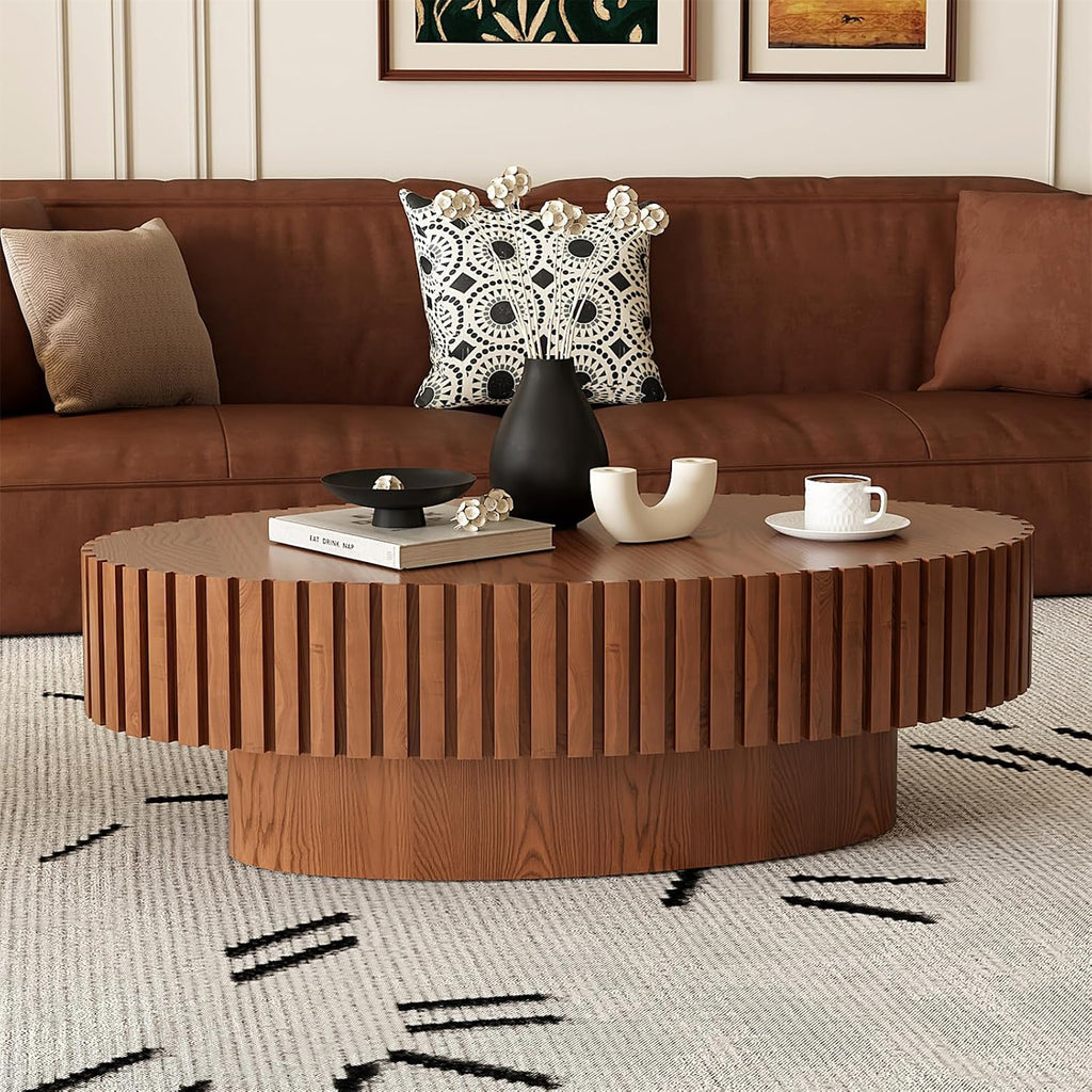 LKTART Oval Drum Coffee Table Handcrafted Relief Sturdy Pedestal Wooden Olive-Shaped Tea Table for Living Room,Brown,43''L×25''W×14''H