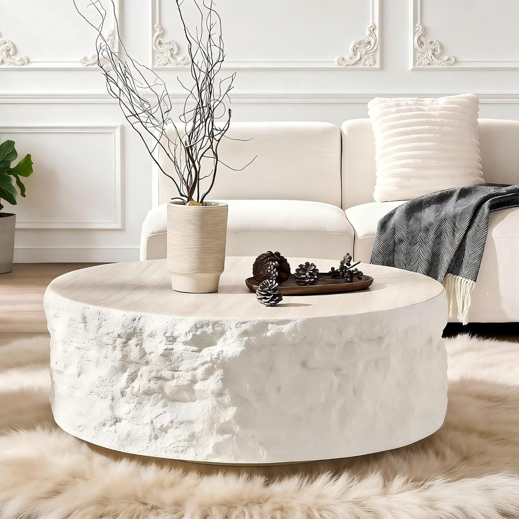 KEVINSPACE Round Coffee Table Modern Stone Coffeetable for Living Room Concrete Beige Circle Coffee Tables Drum ShapedCoffeeTable Fiberglass CenterTable Office, Fully Assembled, 35.5' W x14 H