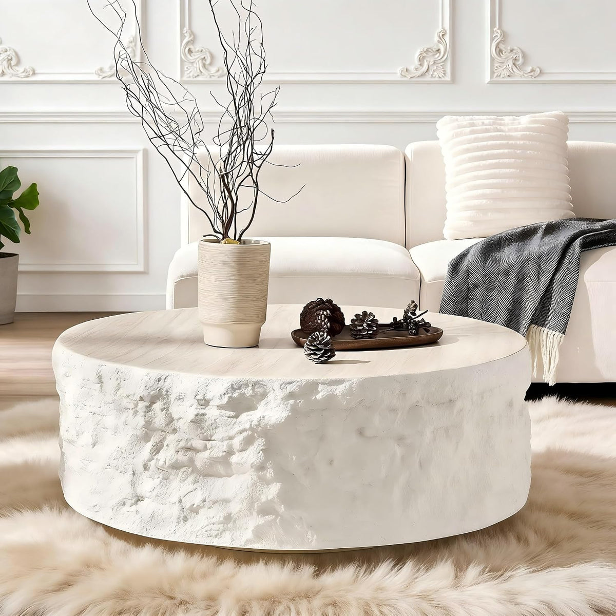 KEVINSPACE Round Coffee Table Modern Stone Coffeetable for Living Room Concrete Beige Circle Coffee Tables Drum ShapedCoffeeTable Fiberglass CenterTable Office, Fully Assembled, 35.5' W x14 H