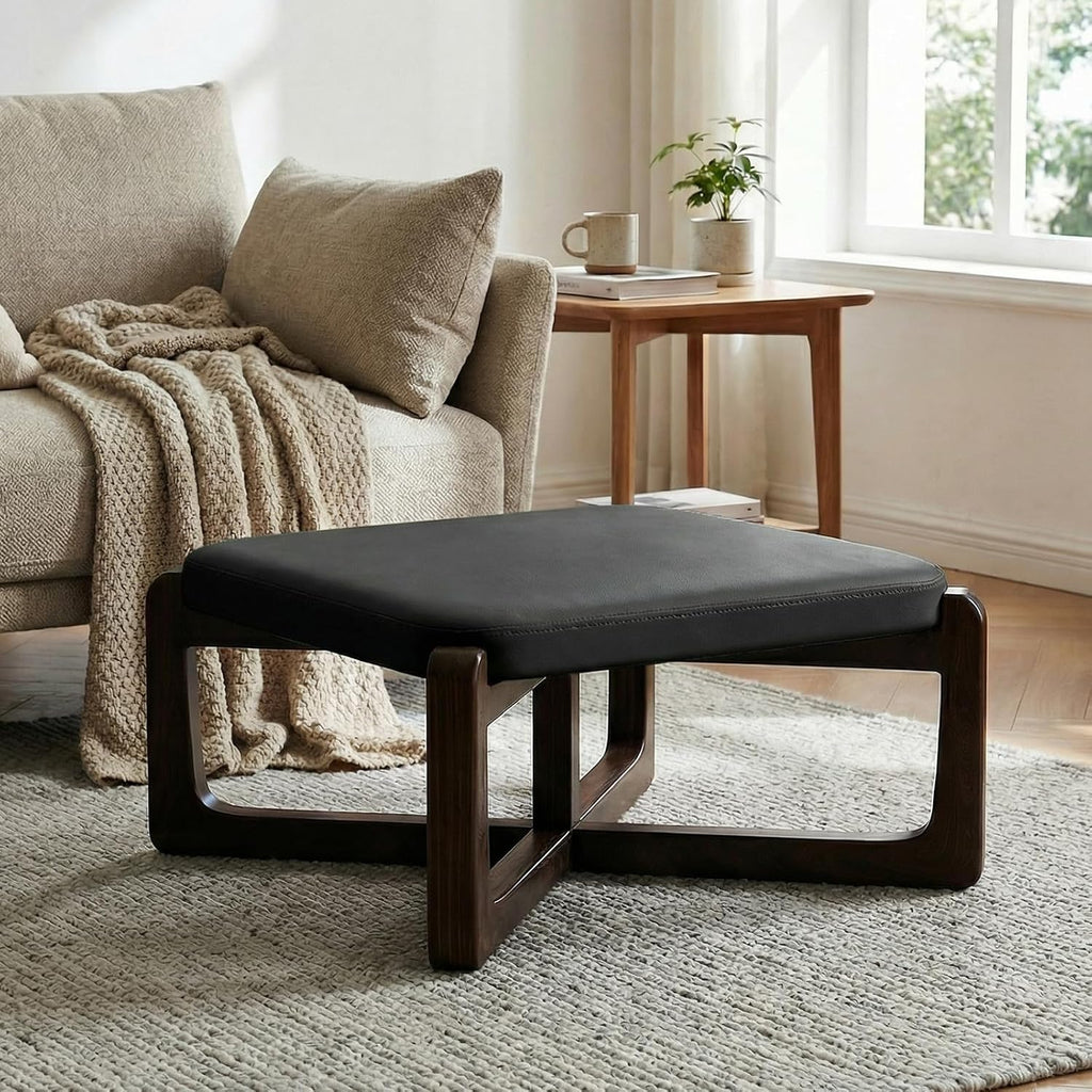 Faux Leather Square Coffee Table Ottoman,24' Coffee Table for Living Room Ottoman,Ash Wood Living Room Table,Small Footstool (Black)