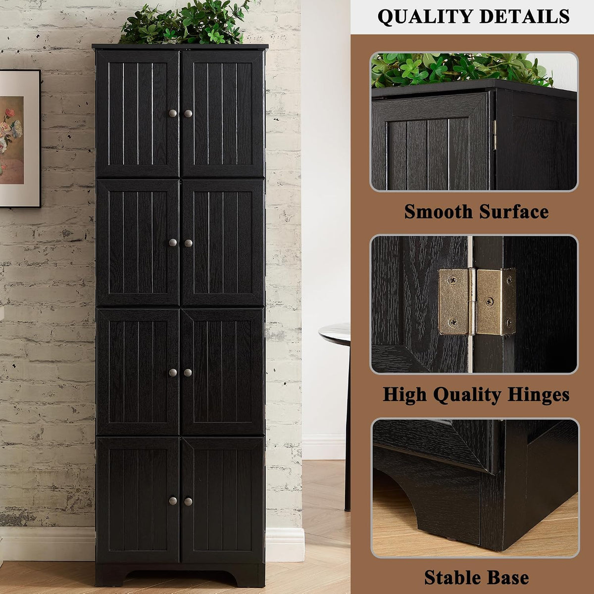 72' H Farmhouse Storage Cabinet, 4 Tier Kitchen Pantry Cabinet with 4 Shelves, 8 Doors Freestanding Floor Storage Cabinet Wooden Organizer Bookcase for Living Room & Kitchen (Black)