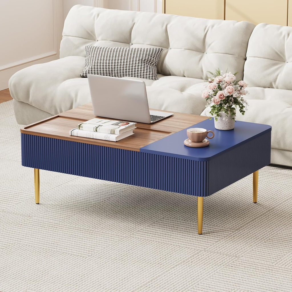 HLR 47' Dual Lift Top Coffee Table with Storage, Modern Wood Fluted Coffee Table with Hidden Compartment,Lift Tabletop Dining Center Table for Living Room, Office, Blue