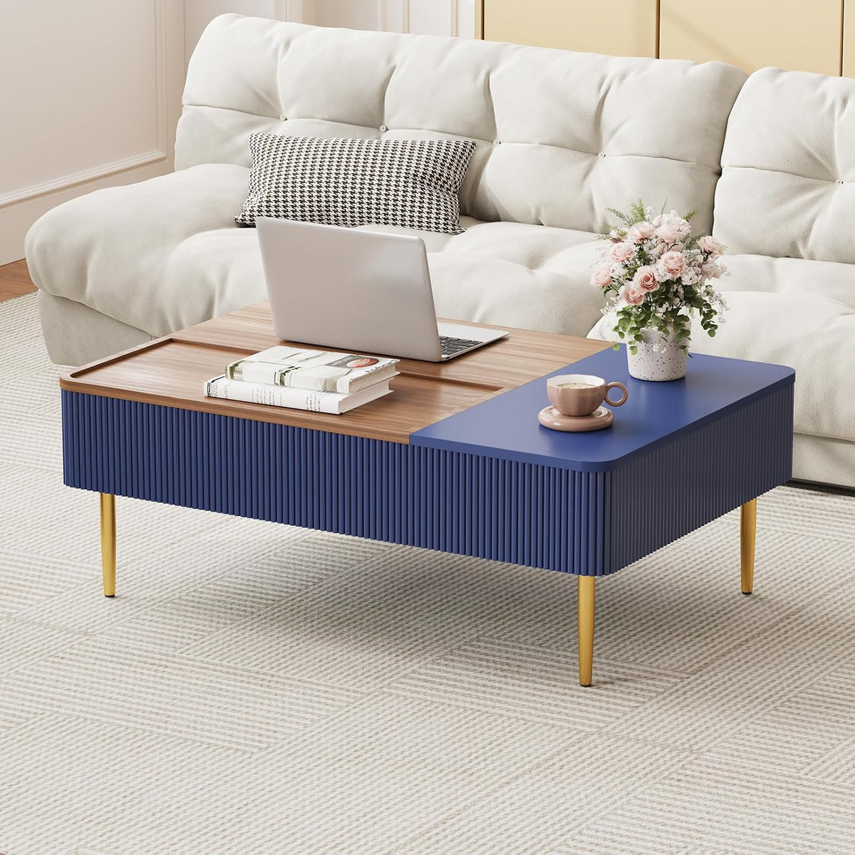 HLR 47' Dual Lift Top Coffee Table with Storage, Modern Wood Fluted Coffee Table with Hidden Compartment,Lift Tabletop Dining Center Table for Living Room, Office, Blue