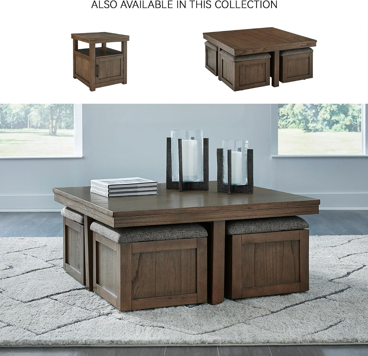 Signature Design by Ashley Boardernest Casual Coffee Table with 4 Storage Stools, Dark Brown