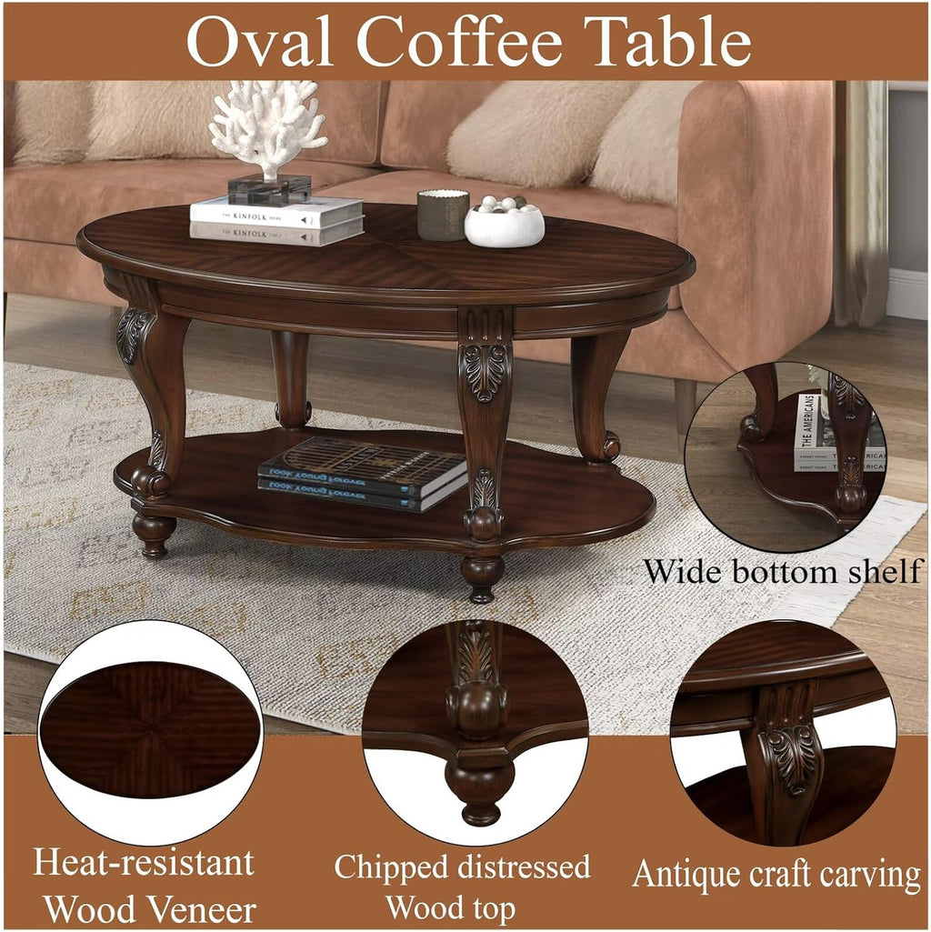 Living Room Oval Coffee Table Set, Coffee Table & Two End Side Table 3-Piece Set for Office, Living Room, Apartment, Small Space, Easy Assembly, Cherry(Color Written on Box is Light Espresso)