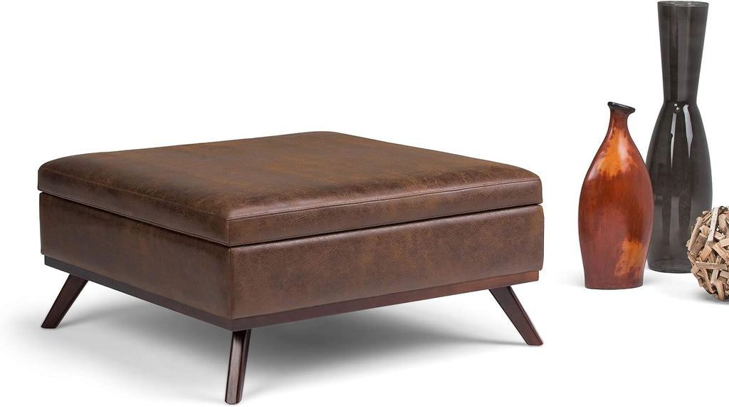 SIMPLIHOME Owen Square Coffee Table Storage Ottoman - 36 inch Wide Upholstered Vegan Leather Lift-Top Ottoman in Distressed Chestnut Brown, Mid-Century Ottoman for Living Room with Tufted Detail
